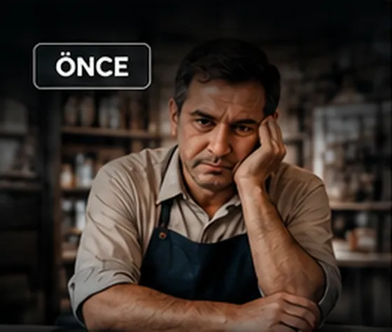 Önce: yorgun ve düşünceli işletme sahibi