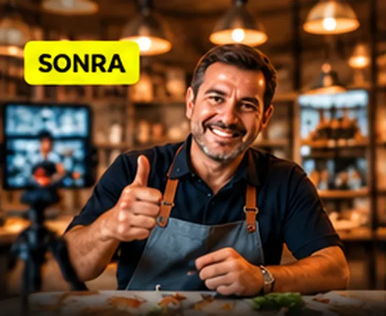 Sonra: güler yüzlü işletme sahibi, arkada çekim ekranı